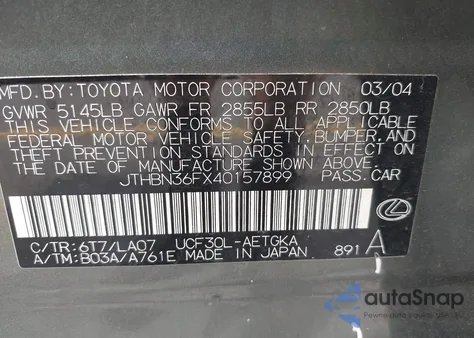 2004 Lexus Ls 430 из США, поврежденный, VIN JTHBN36FX40157899